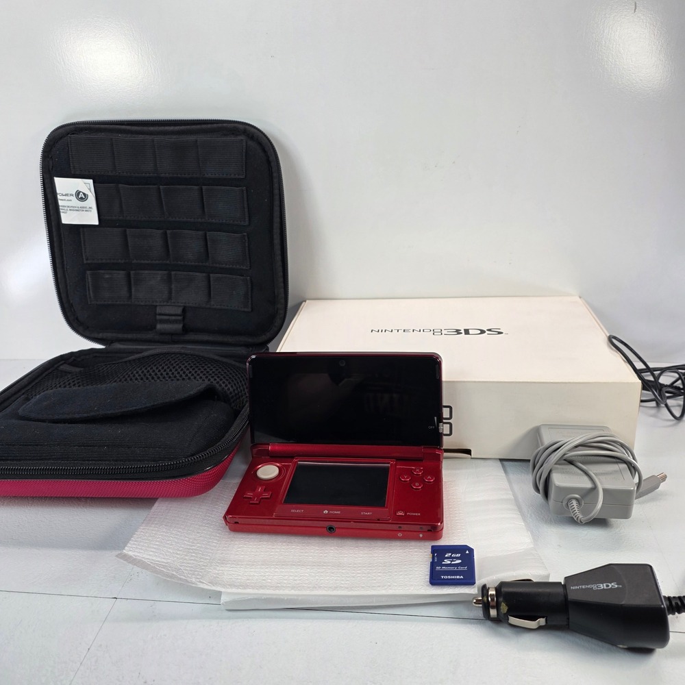 Nintendo 3DS Flame Red Console Bundle CTR-001 Case SD Card Chargers Box